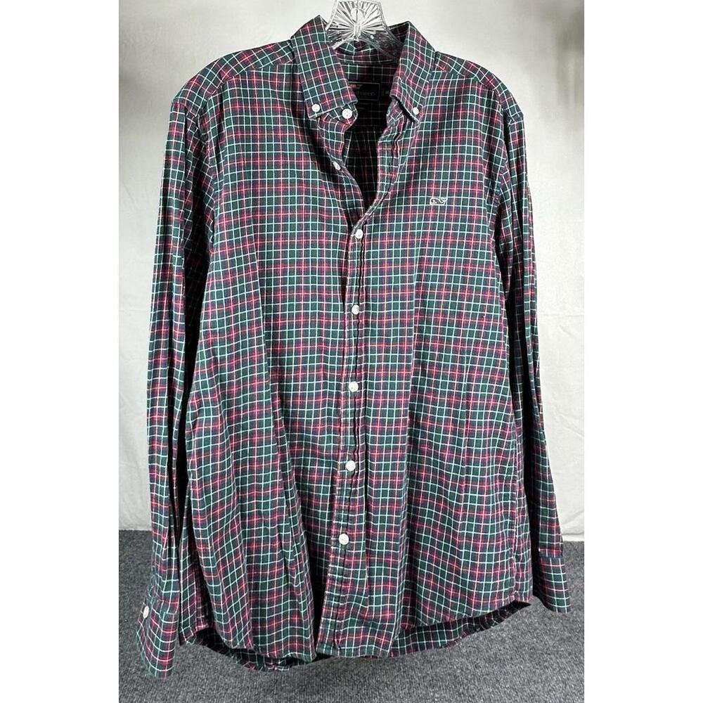 Vineyard Vines Mens Whale Shirt Plaid Button Down Green Red Cotton M